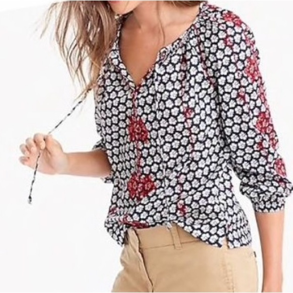 J. Crew Blue White Floral Red Embroidered Peasant Boho Cotton Hippie Blouse 4